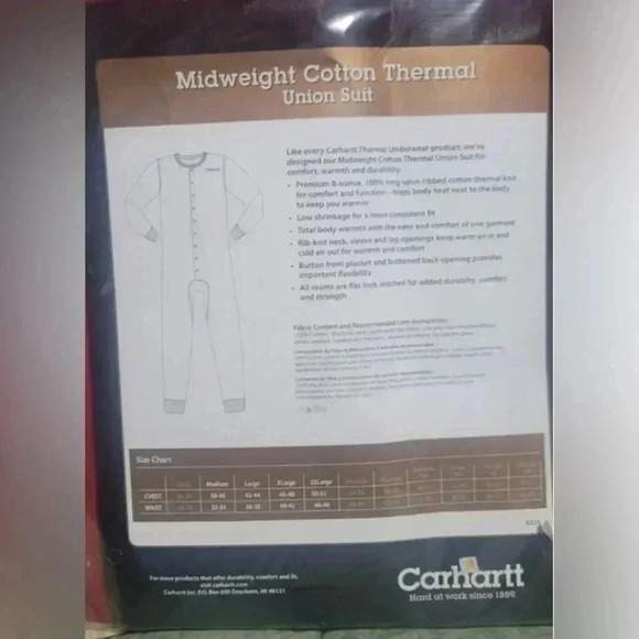 Carhartt Men’s Unisex Onesie, Long John’s Red Sleepwear, Thermal Undergarment L - Picture 10 of 13